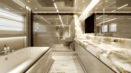 Modern superyacht interior master cabin bathroom with marble countertops and bathtub : Generative AI