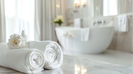 White bathroom interior with empty clean white marble counter