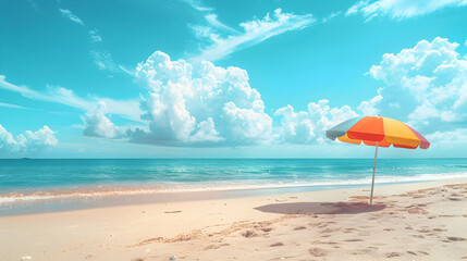 Sunny Sandy Beach Scene with Colorful Umbrella and Clear Sky   Relaxing Summertime Vibes