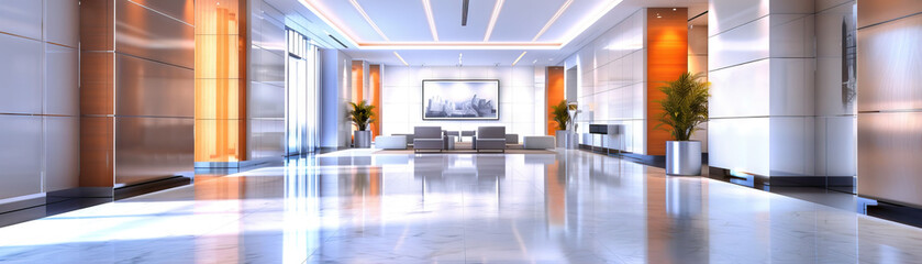 Corporate Office Lobby Floor: Displaying reception areas, waiting lounges, company logos, and corporate branding elements