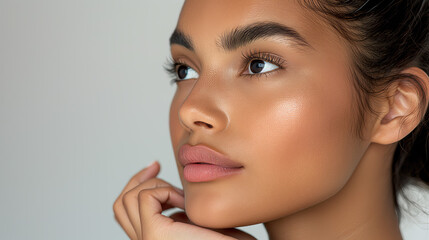 Close-up, a face of very beautiful black woman with smooth skin, slender posture, holding hands.