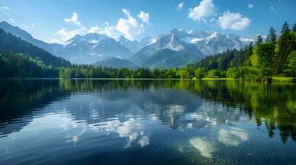 Serene Scenic Lake: Majestic Mountains and Lush Forest Reflection   Summer Retreat Landscape with Copyspace