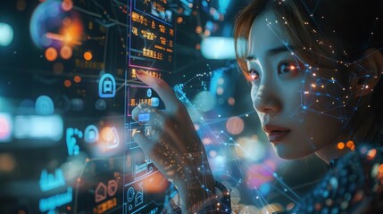 Young woman interacting with a complex digital interface, emphasizing technology in daily life