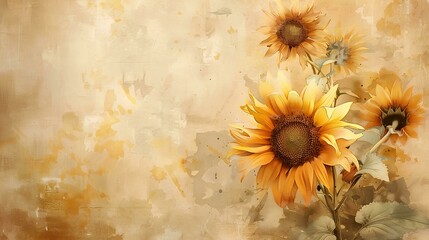 Sunflowers, oil painting, beige background, watercolor, vintage style