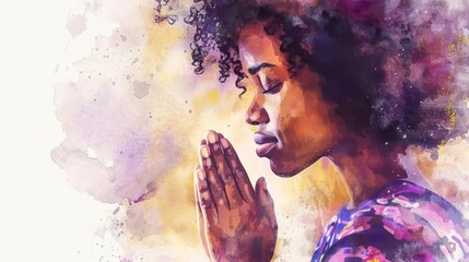 beautiful african american woman praying hands clasped spiritual moment watercolor banner illustration