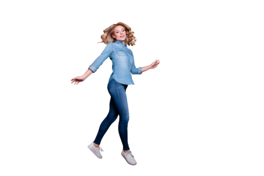 Full length body size profile side view portrait of her she nice cute charming lovely attractive carefree cheerful wavy-haired lady having fun isolated over gray purple violet pastel background - Powered by Adobe