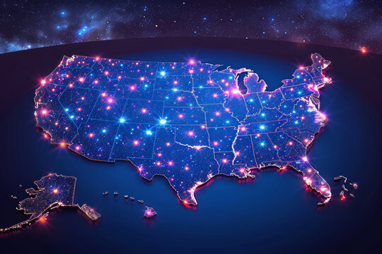 Digital map of United States of America with states background, glowing blue and pink lights