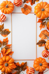 Obraz premium Frame design with orange leaves and pumpkins. Ready to use card, template for Halloween party invitation, season greeting etc. Blank space for text.