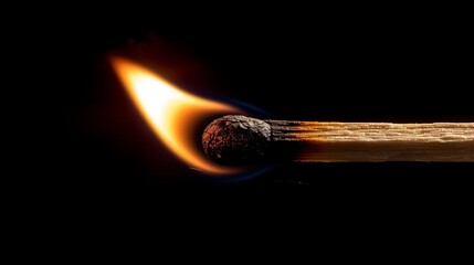 Close-up scene of a matchstick at the moment of ignition, flame glowing intensely at the tip, focused and detailed for visual impact