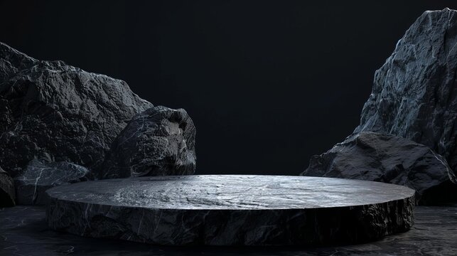 black stone podium on dark rock background ideal for luxury product display 3d illustration
