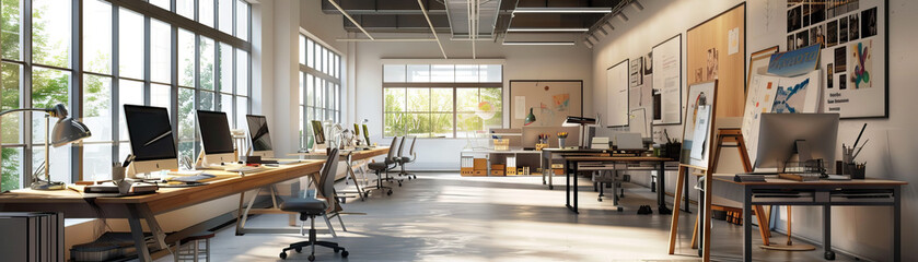 Fototapeta premium Design Agency Studio Floor: Displaying drafting tables, mood boards, design portfolios, and creatives working on design projects