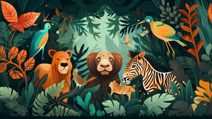 Obraz premium animal illustration flat design top view jungle theme cartoon drawing vivid