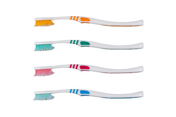 Group of old and used toothbrushes isolated on white background.