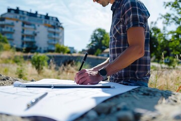 Fototapeta premium Architect reviewing a construction plan outdoors
