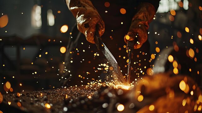 blacksmith forging sword in traditional workshop dramatic closeup shot with sparks flying concept photo
