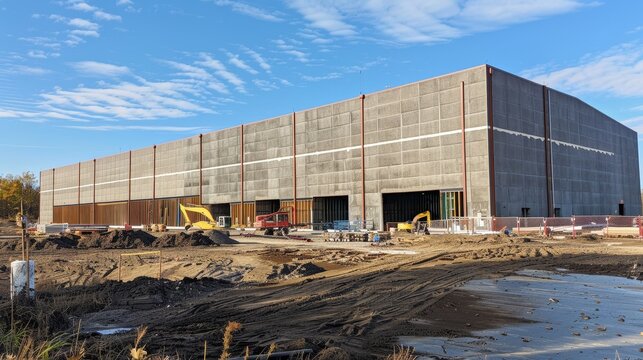 Construction progress of a tilt-up concrete warehouse, highlighting the placement of walls, supports, and girders, suited for project documentation