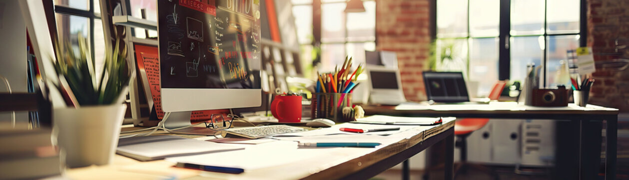 Design Agency Studio Floor: Displaying drafting tables, mood boards, design portfolios, and creatives working on design projects
