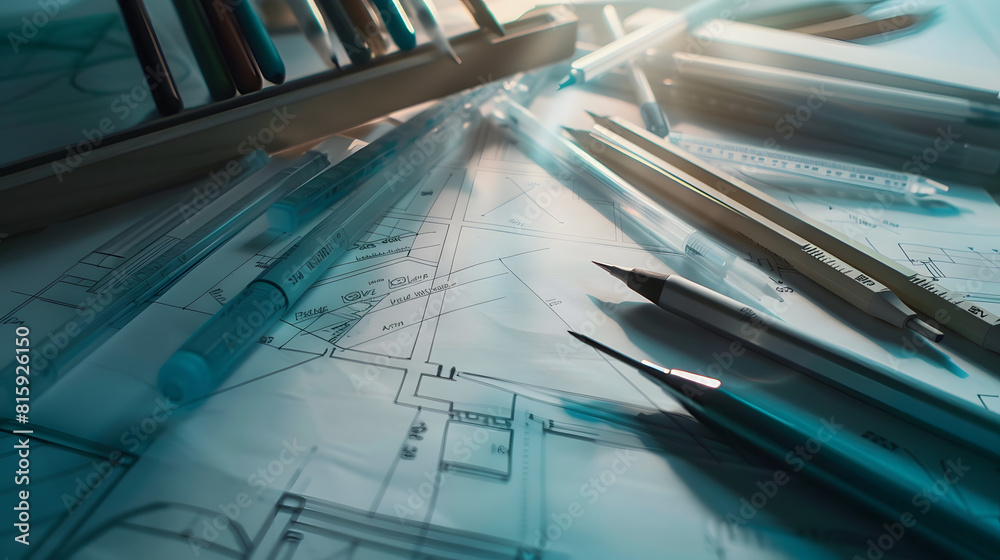 Poster architect designer interior creative working hand drawing sketch plan blueprint selection material c