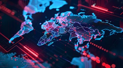 A digital map of the world with glowing blue and red lights, representing global network technology concept background with data center interface elements. Hightech cyberpunk style