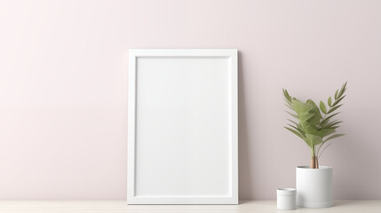 one white picture frame placed on a white table with some plant pot beside it