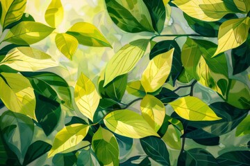 Fototapeta premium Experience the beauty of vibrant green leaves as they glisten in the sunlight, captured in this stunning illustration.