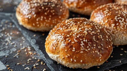 Obraz na płótnie Canvas Top view of nutritious whole wheat burger buns, seeds and grains adding texture, perfect for healthy eating ads, isolated background