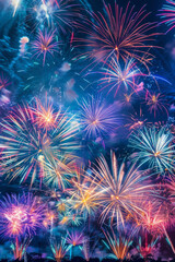 Fototapeta premium A spectacular fireworks display illuminating the night sky with bursts of color, sparkle, and brilliance, painting the darkness with vibrant patterns and cascading showers of light.