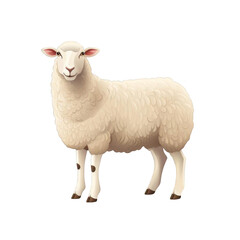 A white sheep stands on all four legs, looking at the camera with a happy expression on its face.
