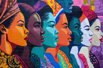 A vibrant mural showcasing the accomplishments of women throughout history, representing diverse cultures and time periods while highlighting the ongoing fight for equality.
