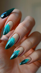 A woman's hand with green and blue stilts.