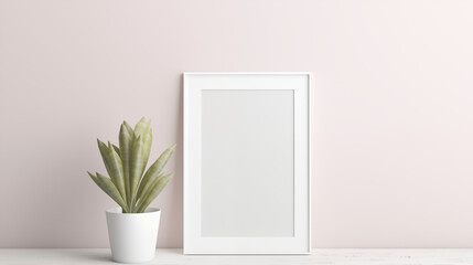 white picture frame wall against a light pink wall and one plant on left side on white table top