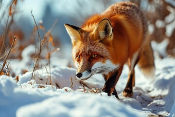 Obraz premium fluffy red fox in the snowy field on a sunny winter day