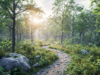 Fototapeta premium morning in the park, 3d render illustration, landscape