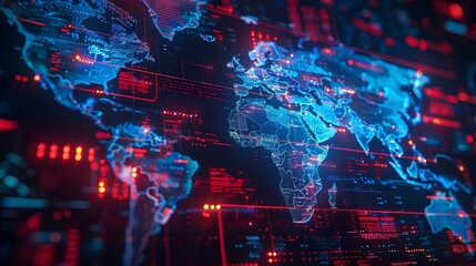 A digital map of the world with glowing blue and red lights, representing global network technology concept background with data center interface elements. Hightech cyberpunk style