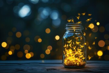 Luminous fireflies in a jar photo on white isolated background
