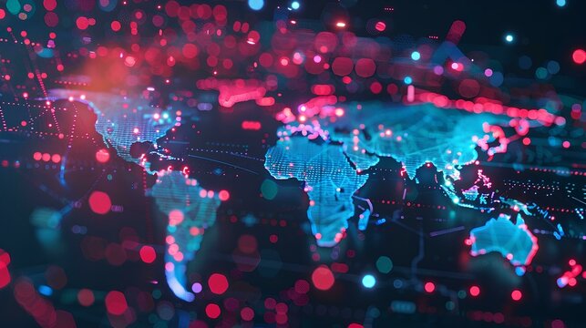 A digital map of the world with glowing blue and red lights, representing global network technology concept background with data center interface elements. Hightech cyberpunk style