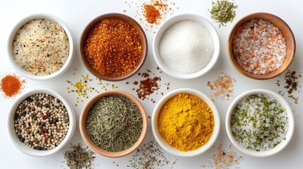 Top view of a variety of seasonings like mustard powder, oregano, and coarse salt, highlighted with studio lighting, isolated background