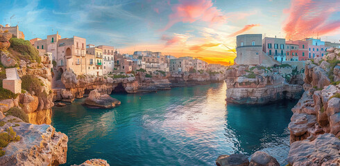 The beautiful city of Polignano, Puglia lounging on the rocky cliffs overlooking their coastal town and bay, with colorful buildings, sandy beaches