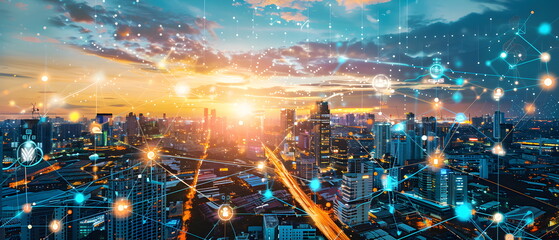 Obraz premium AI-Powered Future World, Image of a future city using artificial intelligence to control various systems, showing the impact of artificial intelligence on the way of life