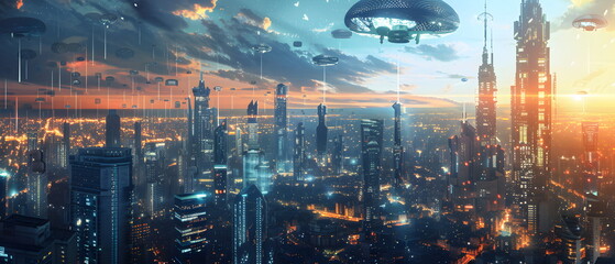 Fototapeta premium AI-Powered Future World, Image of a future city using artificial intelligence to control various systems, showing the impact of artificial intelligence on the way of life