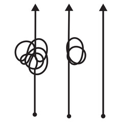 Complex and easy simple way from start to end, path from point A to B with black thread. Chaos mind brain, problem solving and business solution searching challenge concept. vector illustration. EPS10