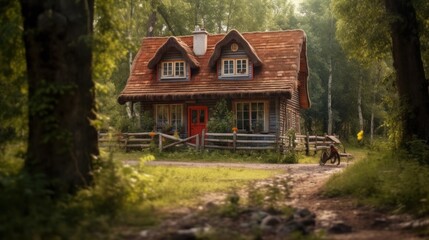 a cozy house with a red roof and brown walls, located in the middle of a lush pine forest. The house is surrounded by green plants
