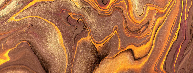 Abstract fluid art background dark brown and golden colors. Liquid marble. Acrylic painting with...