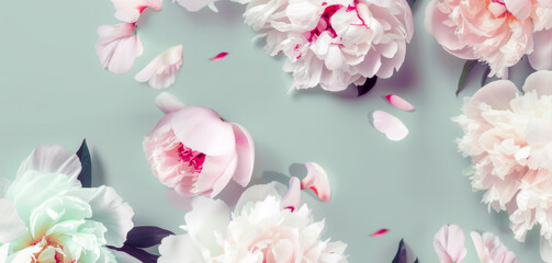 Pink peonies on a light green background
