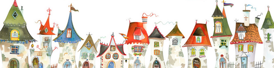 A set of unusual, fairy-tale houses on a white background.
