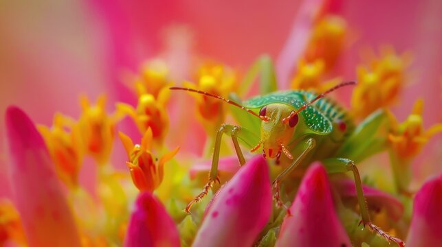 a shining green bug with dew on it, sitting among beautiful white and pink flowers.