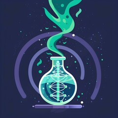 Flat design illustration of science and laboratory, test tube with smoke in the center on dark blue background, green elements around, minimalistic like DNA helixes, an atom or molecule 