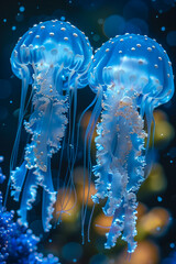Two blue jellyfishes are swimming in the water.