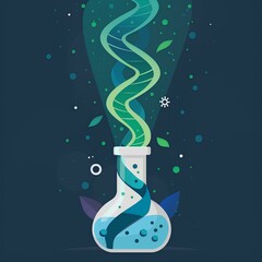 Flat design illustration of science and laboratory, test tube with smoke in the center on dark blue background, green elements around, minimalistic like DNA helixes, an atom or molecule 