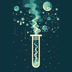 Flat design illustration of science and laboratory, test tube with smoke in the center on dark blue background, green elements around, minimalistic like DNA helixes, an atom or molecule 